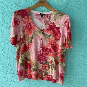 Talbots Pink and Red Floral Button Down Cotton Blend Sweater 1XL Petite